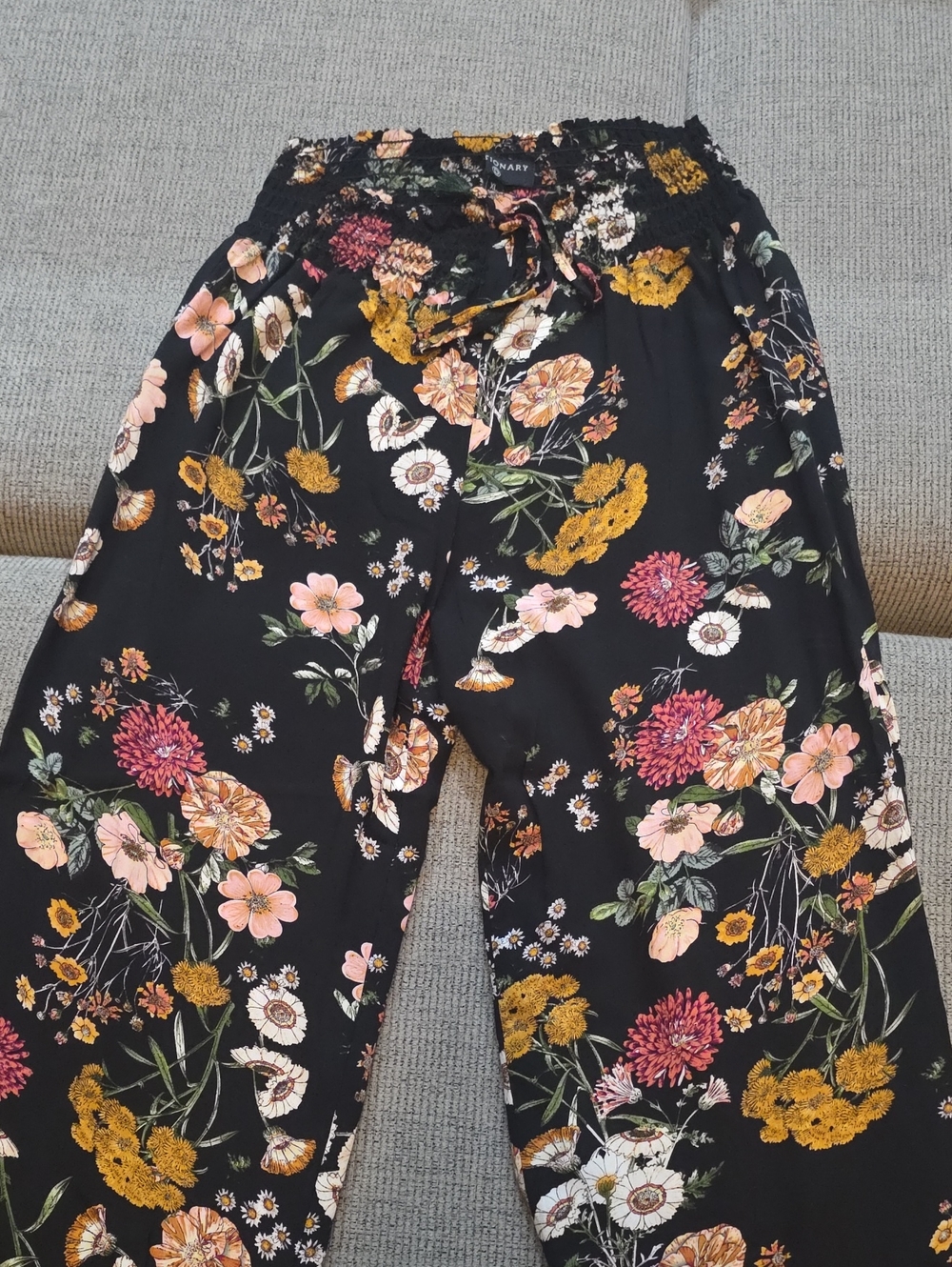 Floral Wide-Leg Pants in Black with Mustard & Pink Blooms - DICTIONARY BRAND
